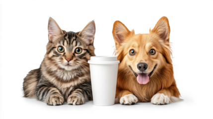 Cute Cat and Dog with Coffee Cup on a Transparent Background