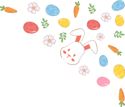 Colorful Easter egg and bunny with leaf corner design border decoration, PNG file transparent background 