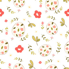 Easter seamless pattern floral design with eggs in pastel pink color, PNG file transparent background	