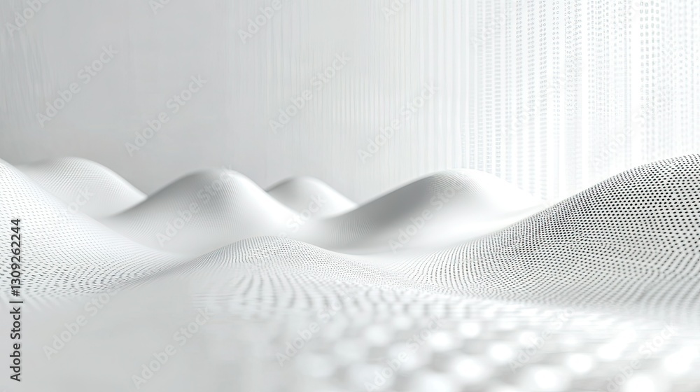 Poster a sleek white futuristic background featuring interconnected dots and lines forming a digital wave p