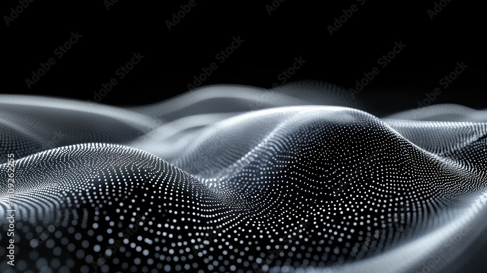 Poster a sleek white futuristic background featuring interconnected dots and lines forming a digital wave p