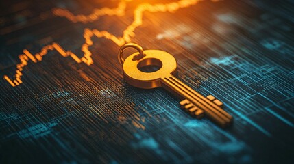 Golden key on dark wooden table symbolizing private credit and financial security, with abstract financial charts in the background, representing trust and wealth management concepts.