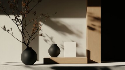 Minimalist still life with black vases, wooden block, and blank card for product display mockup