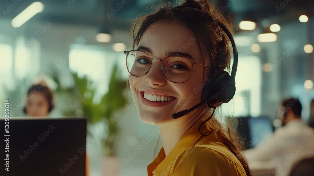 Poster smiling female customer service representative wearing a headset working in a modern call center wit