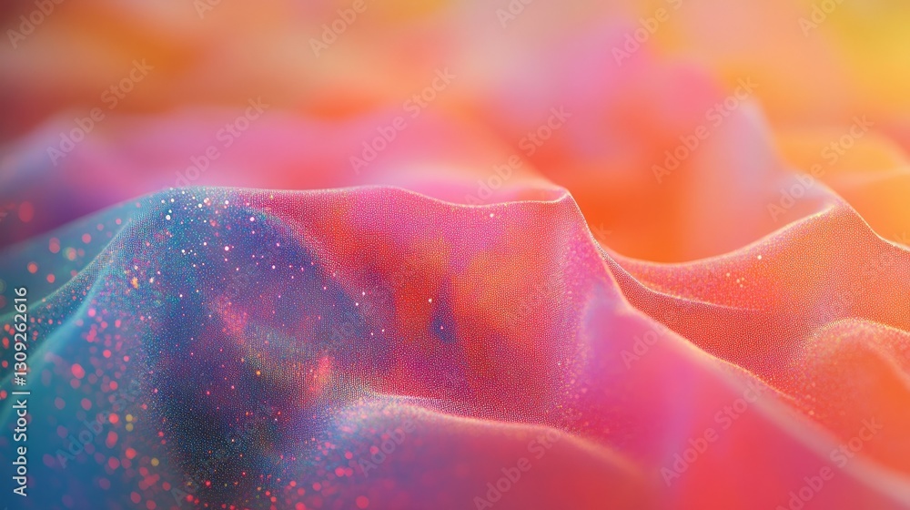 Poster a soft, colorful wavy texture with tiny digital dots floating in motion, symbolizing energy and tech