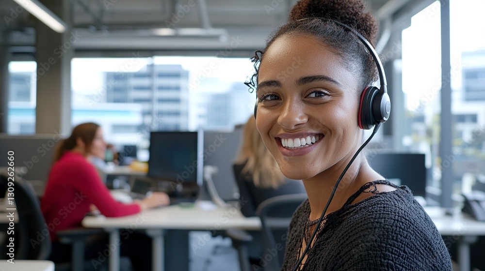 Poster smiling female customer service representative wearing a headset working in a modern call center wit