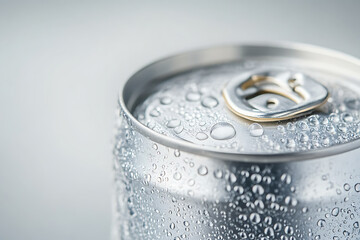 A sleek tin can for a carbonated drink without any inscriptions, covered in fresh water droplets. 