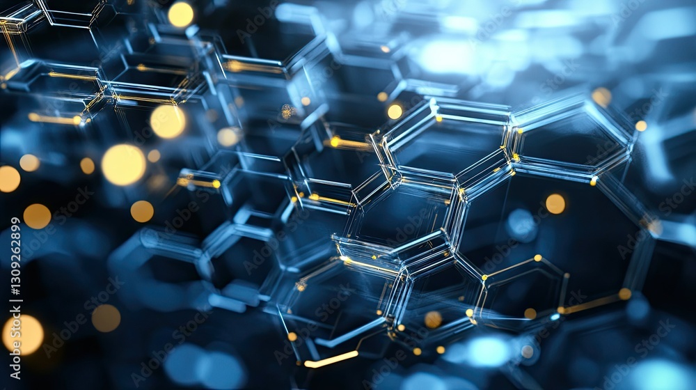 Poster a sophisticated biotech concept with transparent hexagonal structures and soft digital light streaks