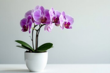 Elegant purple orchid in white pot, vibrant blooms , blossom, orchid, potted plant