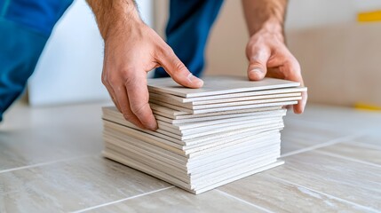 Hands Laying Stack of Off White Ceramic Floor Tiles