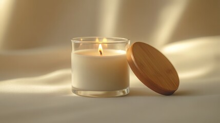 Serene Elegance - Close-Up of White Candle in Glass Container with Wooden Lid on Light Surface