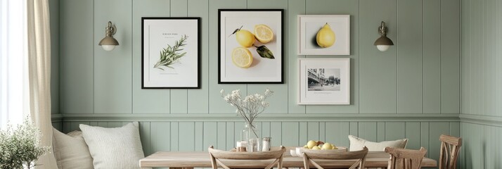 Sage Green Dining Nook with Lemon and Herb Prints