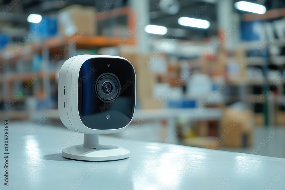 Poster video camera with motion detection capabilities positioned in a busy storage area