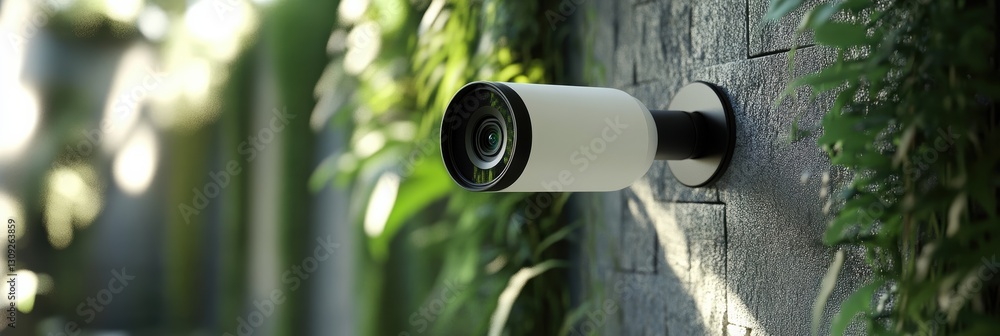 Aufkleber sleek motion detection camera installed on a textured wall covered with greenery
