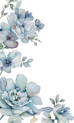 Floral frame with space for text. Watercolor Blue Flowers Border. Watercolor floral bouquet arrangement light blue palette on white isolated background. Aspect Ratio 3:5