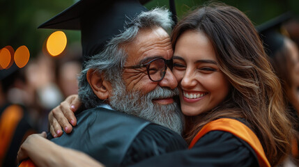 Fototapeta premium Joyful graduate embraces older man in heartfelt moment of celebration