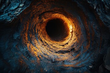 Glowing depths of a dark, circular cavern.  Intriguing texture and light contrast.