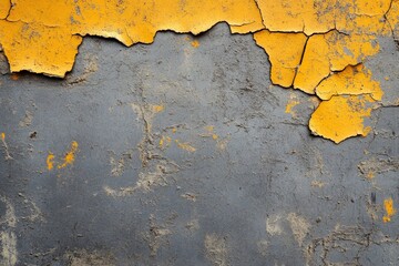 Obraz premium A close-up of a textured wall featuring peeling yellow paint over a gray base, showcasing a blend of colors and aged surfaces.
