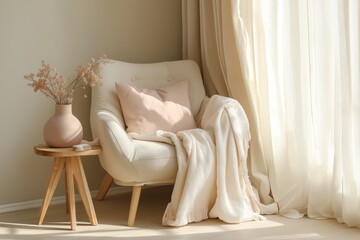 Soft-toned nursery with a cozy beige armchair and pastel decor creating a serene morning atmosphere and minimalistic styling