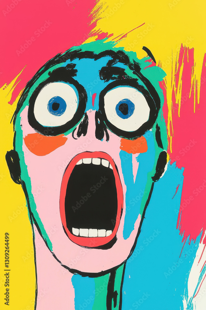 Poster exploring the depths of emotion: a vivid character's scream captured in bold colors and dynamic expr