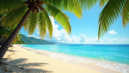 Golden sand, lush palm trees arching over the shore, blue, coast, palm trees