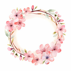 Fototapeta premium Stylish botanical watercolor wreath featuring delicate cherry blossoms perfect for spring decorations and floral themes
