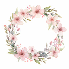 Fototapeta premium Watercolor cherry blossom wreath with delicate pink flowers and green leaves showcasing seasonal beauty in botanical art