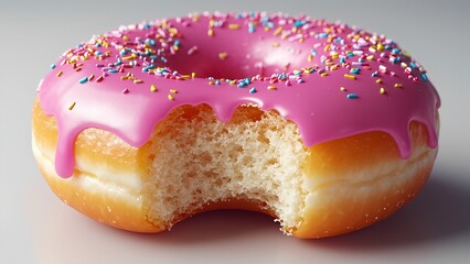 Delicious Pink Frosted Donut with Sprinkles and a Bite Taken