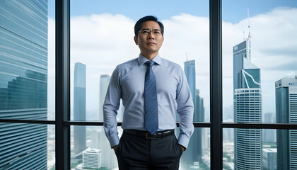 Confident Asian businessman in modern office with city view, representing success, leadership, and business growth.