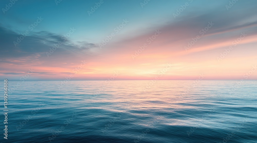 Poster a tranquil ocean view with the sky transitioning from warm sunset hues to soft twilight tones.
