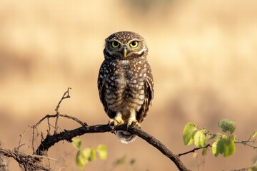 Obraz premium Owl perched on a branch observing its surroundings in warm daylight
