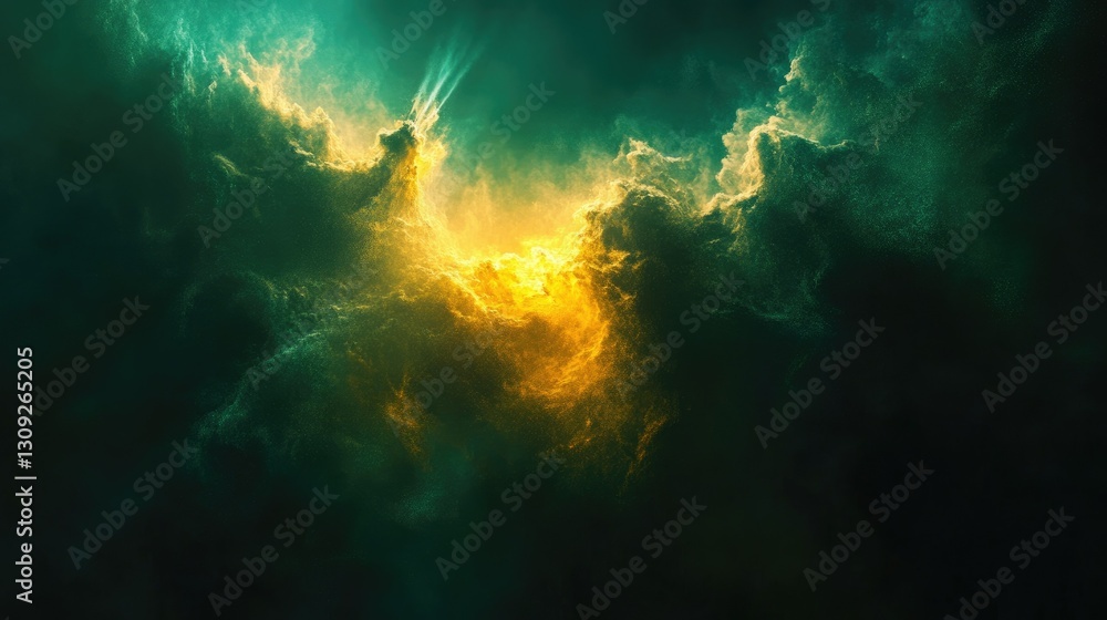 Poster a vibrant asymmetric green and yellow light burst on a dark background, creating a dynamic abstract 