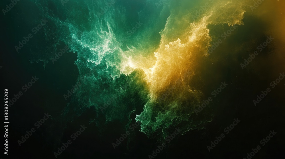 Poster a vibrant asymmetric green and yellow light burst on a dark background, creating a dynamic abstract 