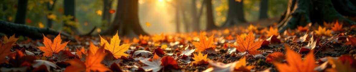 Leafy forest floor with maple leaves scattered, landscape, earth
