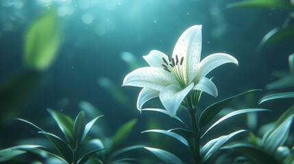 Fototapeta premium White Lily in Dark Green Foliage with Soft Teal Lighting