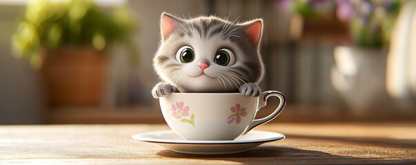 High-resolution photography of a cartoon cat sitting inside a teacup