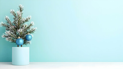Fototapeta premium Small Decorated Christmas Tree On A Blue Cylinder With Snow And Blue Ornament Against Turquoise Background