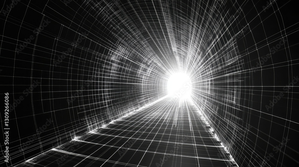 Poster a visually striking retro-futuristic wireframe tunnel with glowing rectangular grid patterns stretch