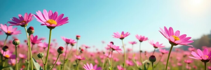 Obraz premium Pink chamomile and chrysanthemum in a flower field with sunlight filtering through, pink flowers, blue background