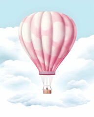 Fototapeta premium Beautiful watercolor artwork featuring a pastel blue hot air balloon floating serenely through a soft cloud-filled sky during a tranquil afternoon