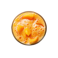Peach smoothie with fresh fruit chunks and frothy texture, ideal for summer enjoyment and healthy refreshment on warm days