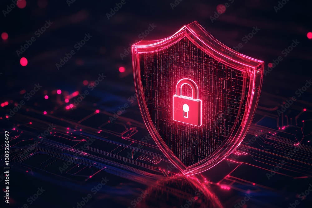 Poster digital shield icon with lock representing cyber security and data protection for online safety