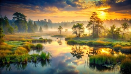 Obraz premium Misty moor, atmospheric swamp scene: eerie fog blankets still water, aquatic plants emerge from dawn's mist.