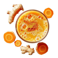 Fresh ginger and carrot juice preparation with raw ginger and carrot slices arranged around a glass containing vibrant juice