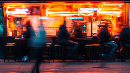 vibrant street scene featuring blurred figures in motion outside lively cafe, illuminated by bright neon lights. atmosphere is energetic and dynamic, capturing essence of urban nightlife