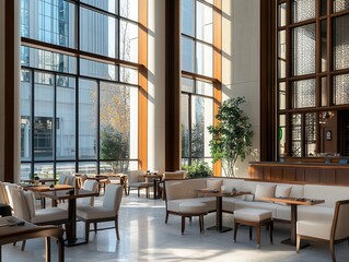 Obraz premium Modern neo-nomad restaurant entrance area reflecting a harmonious blend of nature and urban design at midday