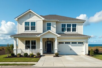 Fototapeta premium Nearly finished beachfront home, exterior siding visible, seaside, vacation home, house