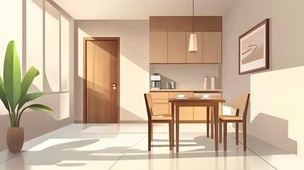 Fototapeta premium Cozy bright kitchen and dining area with wooden furniture and sunlight streaming in the morning