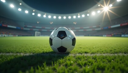 Obraz premium Classic black-and-white soccer ball on fresh grass with stadium lights