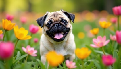 Playful pug surrounded by vibrant spring flowers, flowers, seasonal